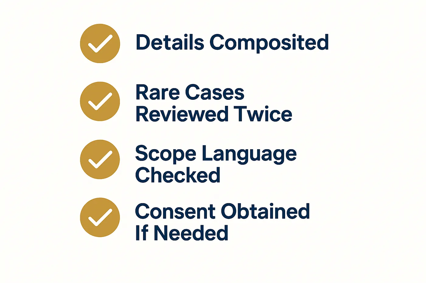 A checklist infographic with four items: Details Composited, Rare Cases Reviewed Twice, Scope Language Checked, Consent Obtained If Needed