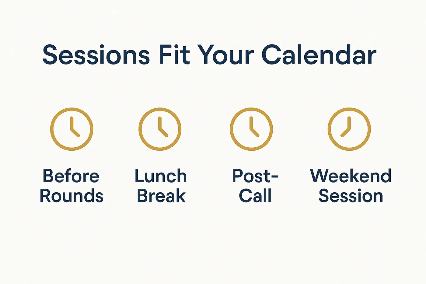 An infographic titled Sessions Fit Your Calendar with four short labels each beside a clock icon: Before Rounds, Lunch Break, Post-Call, Weekend Session