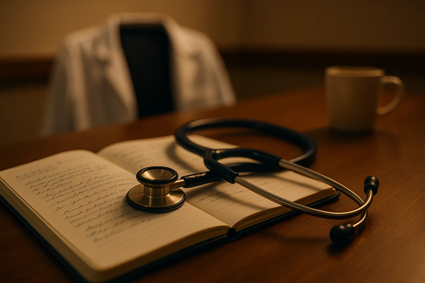 A stethoscope resting on an open notebook of handwritten notes, with a white coat softly out of focus in the background