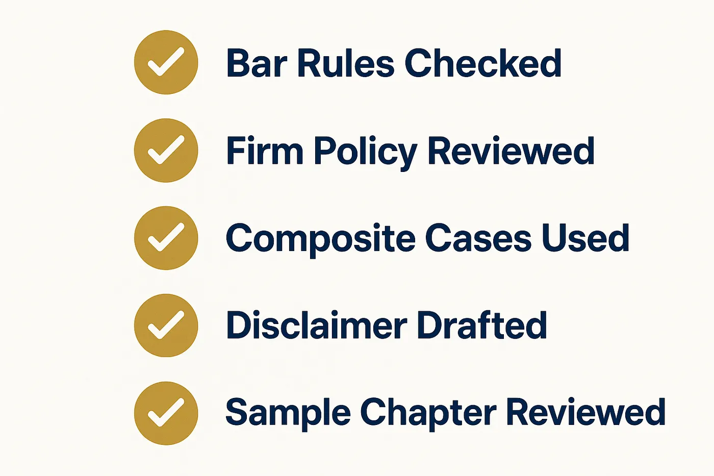 A checklist infographic: Bar Rules Checked, Firm Policy Reviewed, Composite Cases Used, Disclaimer Drafted, Sample Chapter Reviewed