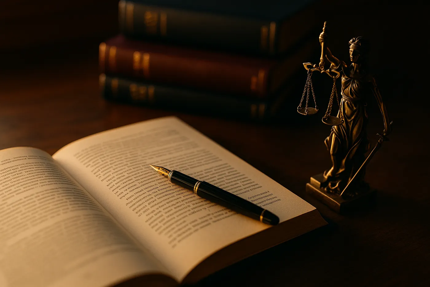 A brass scale of justice statuette beside an open book and fountain pen on a wooden desk, with law books stacked in the background