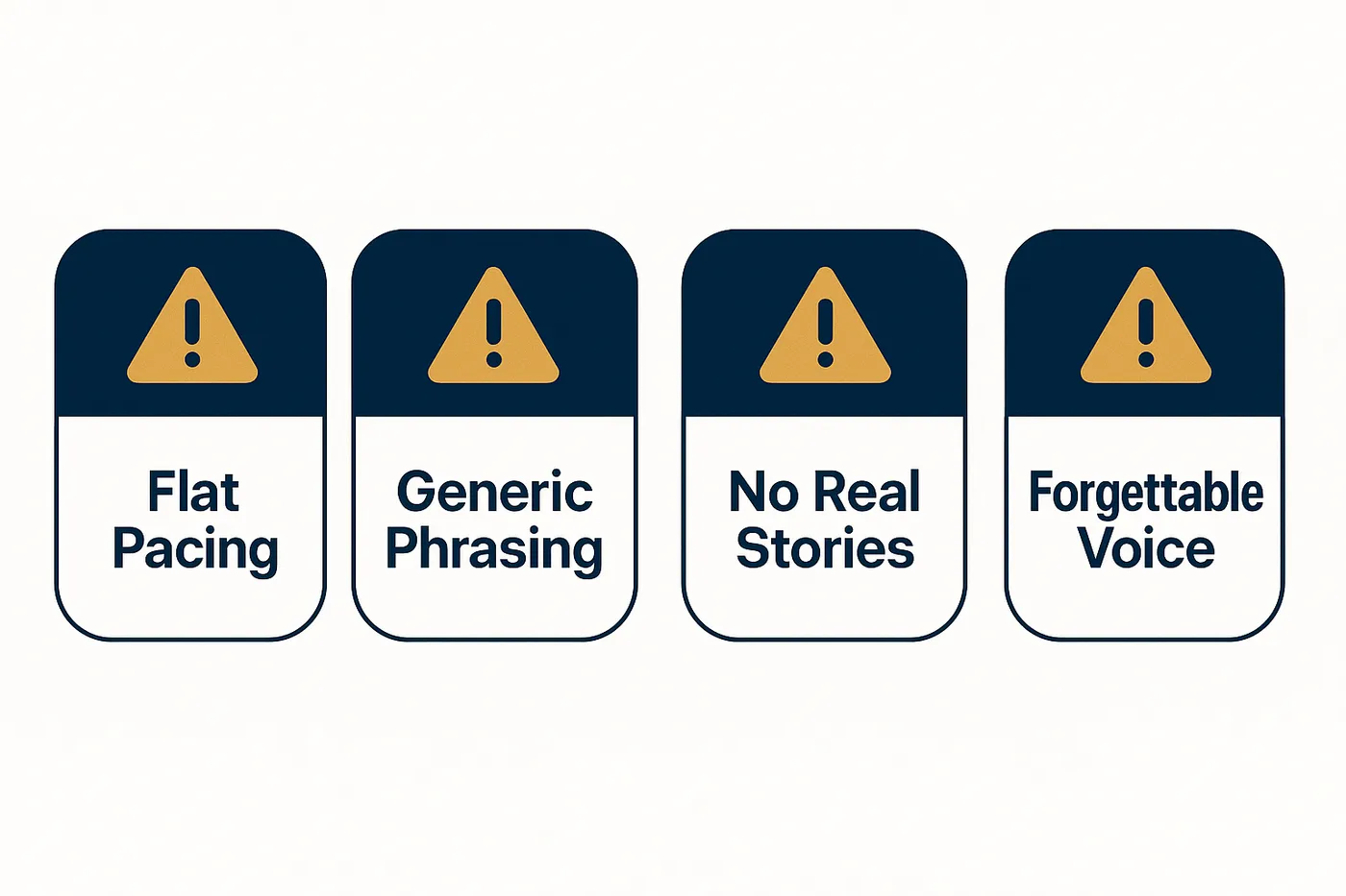 Warning signs checklist infographic: Flat Pacing, Generic Phrasing, No Real Stories, Forgettable Voice