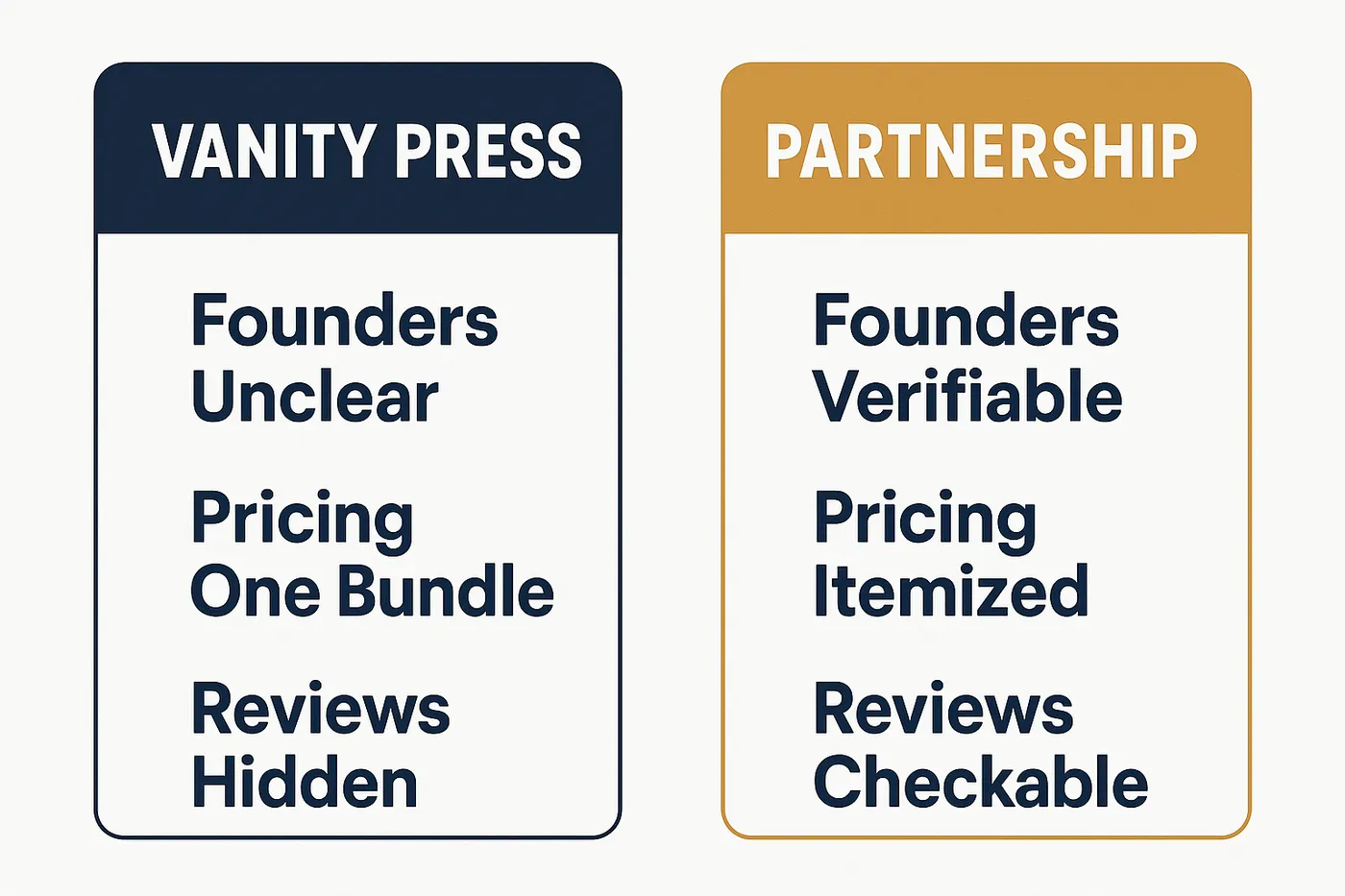 Two side-by-side cards comparing vanity press and partnership publisher: Founders Unclear versus Verifiable, Pricing One Bundle versus Itemized, Reviews Hidden versus Checkable