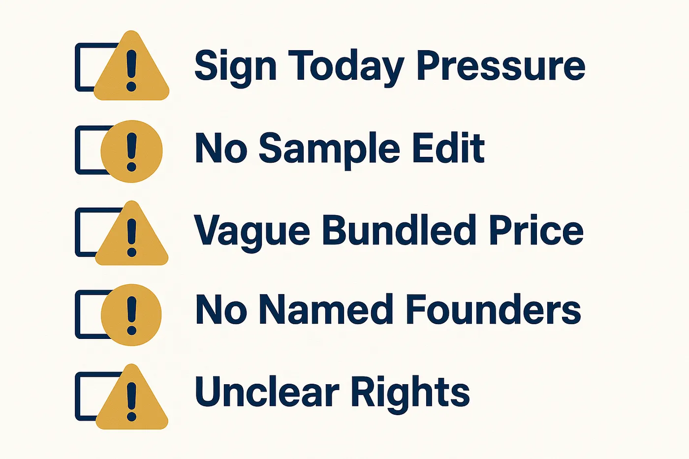 Flat infographic checklist of five warning signs: Pressure To Sign Today, No Sample Edit Offered, Vague Bundled Price, No Named Founders, Rights Language Unclear